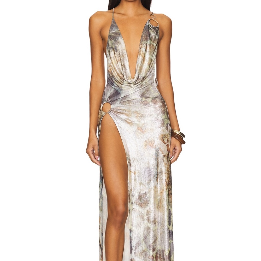 Jaded London Metallic Silver Multi Print Plunge Maxi Dress